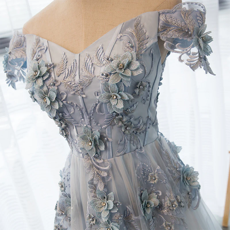 Gray Lace Off Shoulder Short Prom Dress, Homecoming Dress - Deanwangkt