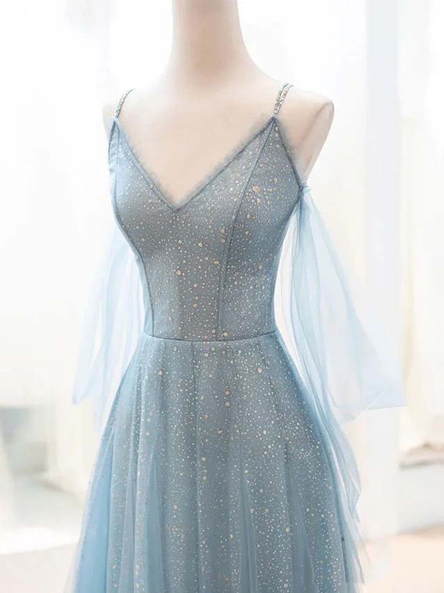 Gray Blue V Neck Tulle Sequin Long Prom Dress, Blue Evening Dress - Deanwangkt