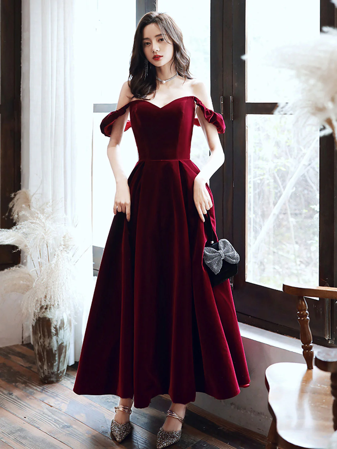 Simple Velvet Tea Length Prom Dresses, Burgundy Velvet Evening Dresses - Deanwangkt