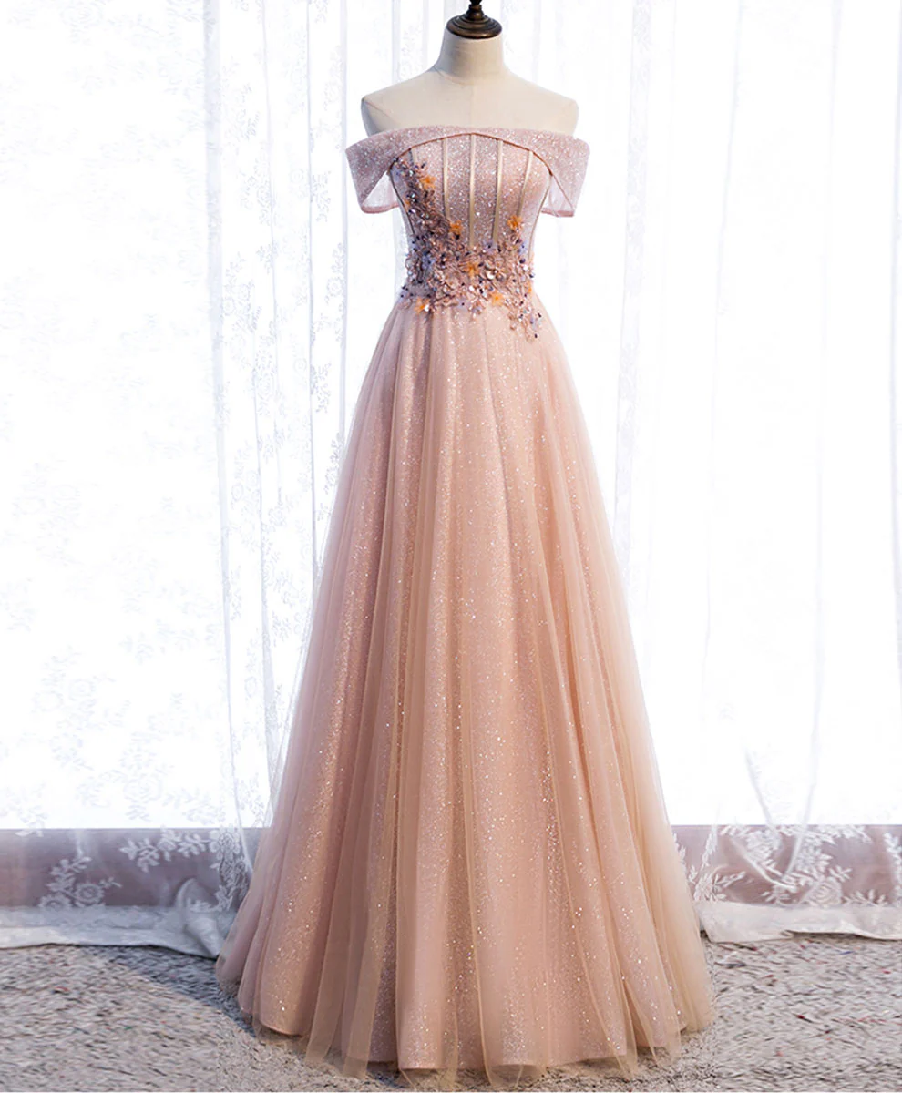 Pink Tulle Sequin Beads Long Prom Dress, Pink Tulle Formal Dresses - Deanwangkt