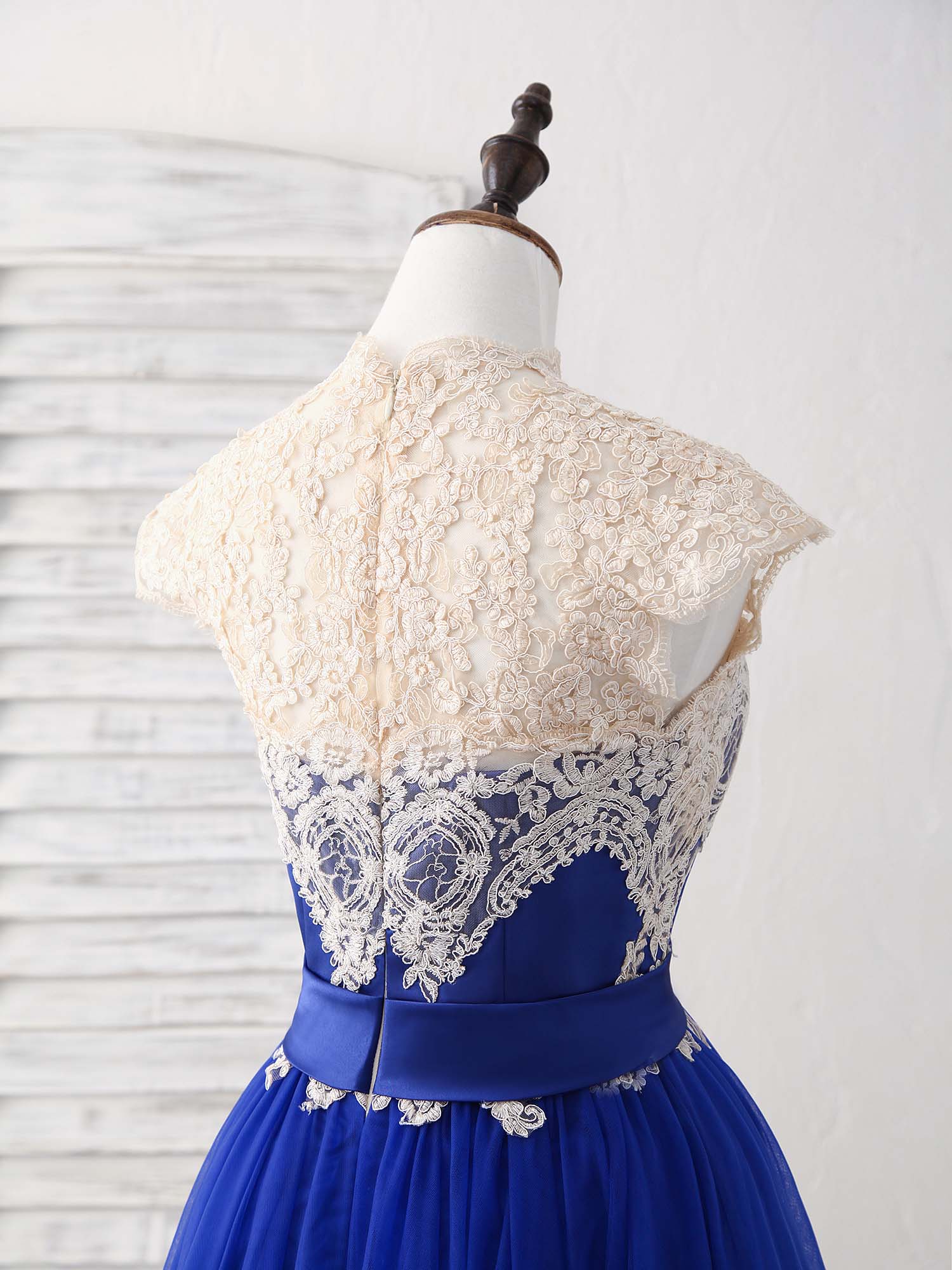 Unique Blue Tulle Lace Applique Short Prom Dress, Blue Bridesmaid Dress - Deanwangkt