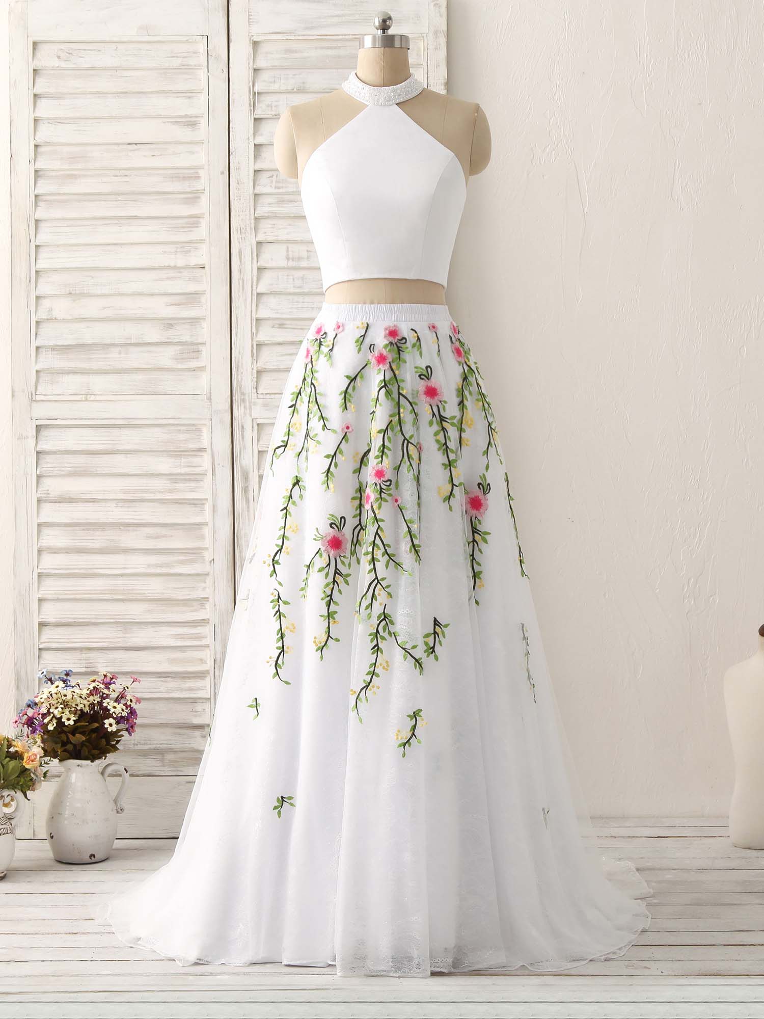 White Two Pieces Lace Applique Long Prom Dress, Evening Dress - Deanwangkt
