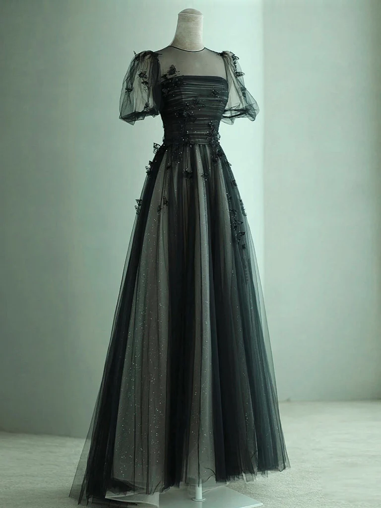 A-Line Black Puff Sleeves Tulle Long Prom Dress, Black Formal Evening Dress - Deanwangkt