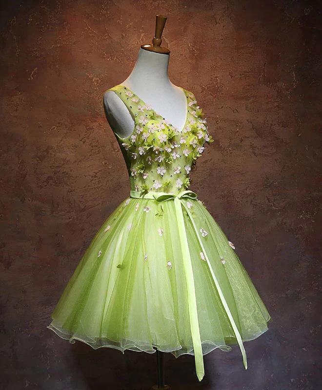 Green V Neck Tulle Short Prom Dress, Green Homecoming Dress - Deanwangkt