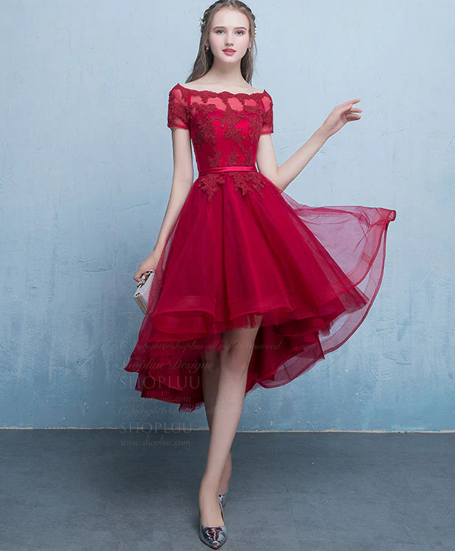 Burgundy Tulle Lace Short Prom Dress, Burgundy Homecoming Dress - Deanwangkt