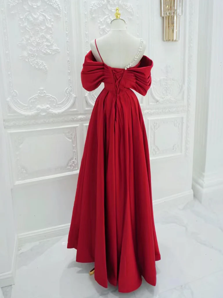 A-Line Satin Off Shoulder Red Long Prom Dress, Red Long Evening Dress - Deanwangkt