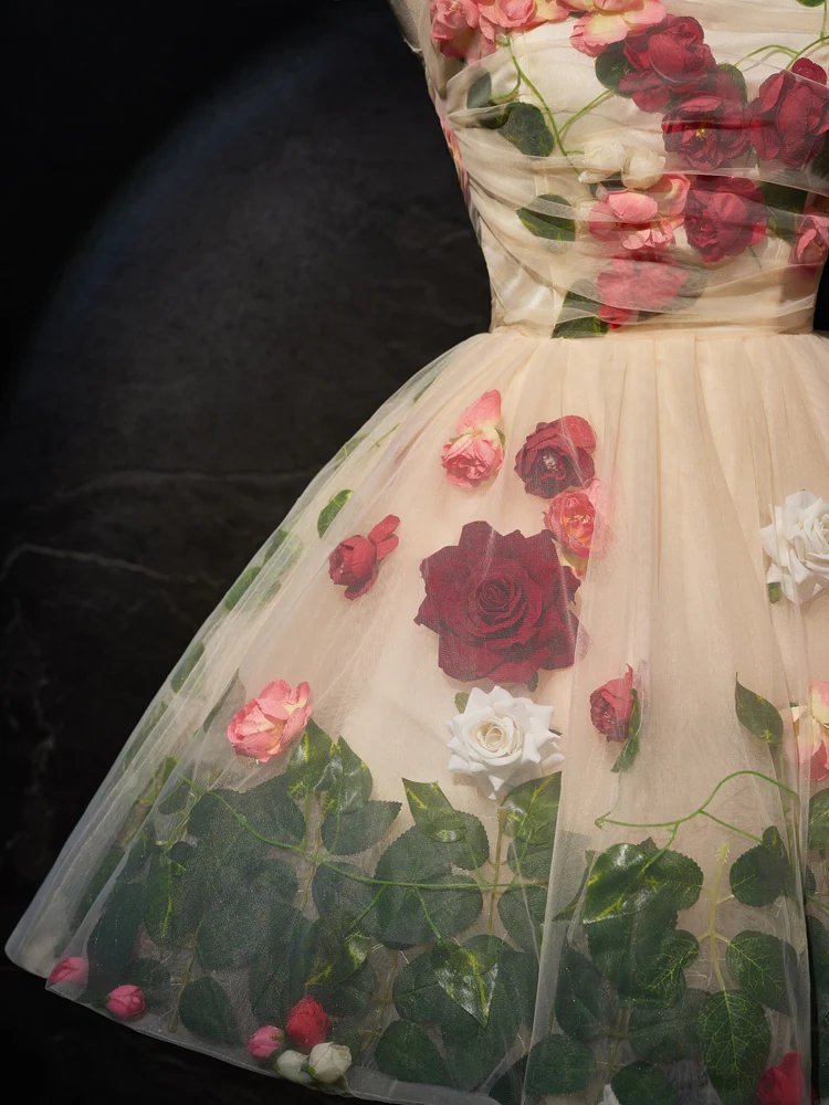 Unique Scoop Neckline Tulle Flower Champagne Short Prom Dress, Cute Formal Dress - Deanwangkt