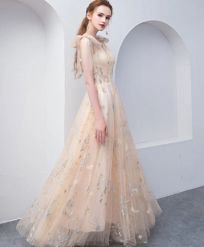 Champagne Tulle V Neck Long Prom Dress, Champagne Tulle Evening Dress - Deanwangkt
