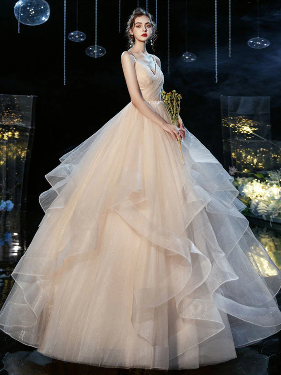 Champagne v neck tulle long wedding gown champagne wedding dress - Deanwangkt