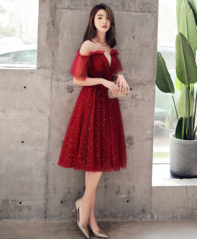 Burgundy Tulle Sequin Short Prom Dress, Burgundy Homecoming Dress - Deanwangkt