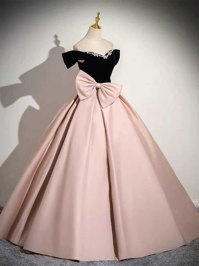 A-Line Off Shoulder Satin Pink Long Prom Dress, Pink Long Formal Dress - Deanwangkt