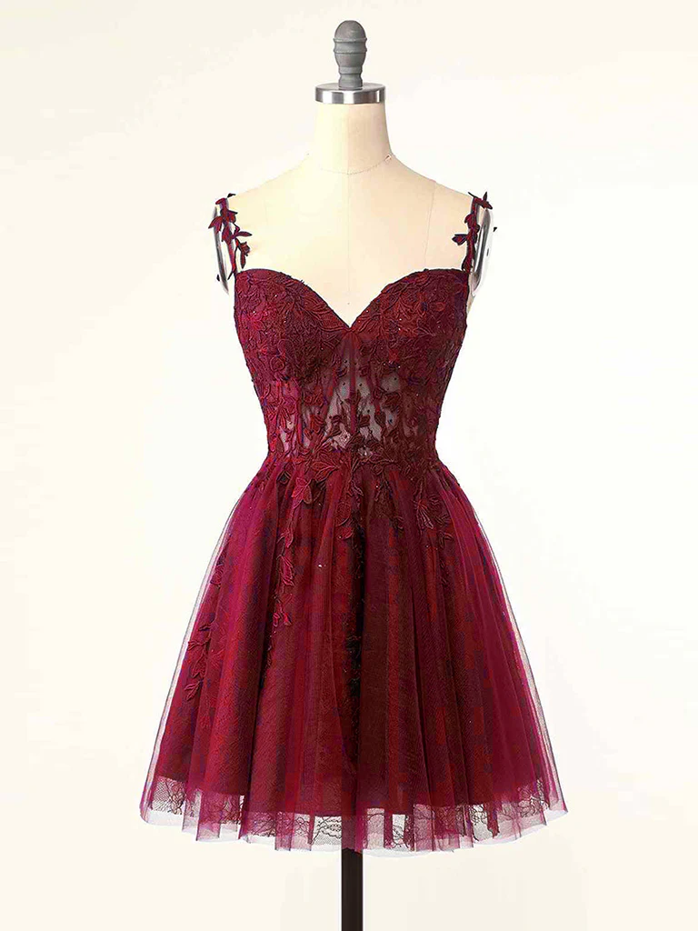 Burgundy A-Line Tulle Lace Short Prom Dress, Cute Burgundy Homecoming Dress - Deanwangkt