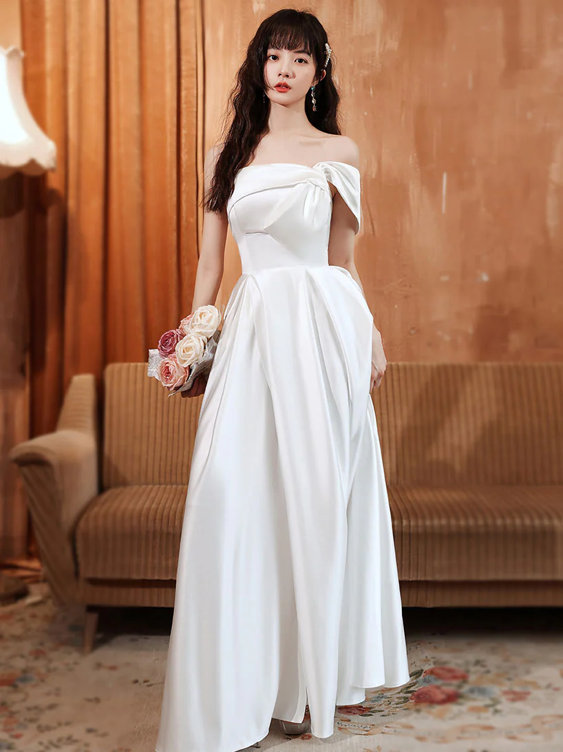 White A line Satin Long Prom Dress, White Satin Long Formal Evening Dress - Deanwangkt