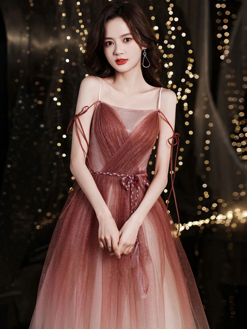 Simple Burgundy Tulle Long Prom Dress, Burgundy Formal Graduation Dress - Deanwangkt