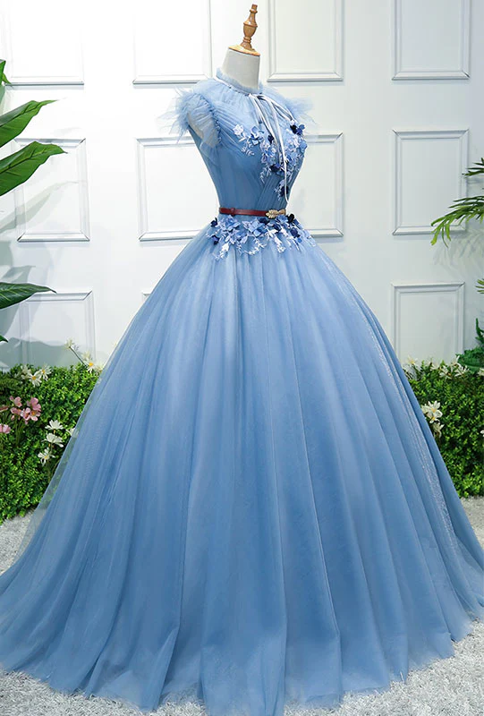 Blue High Neck Tulle Blue Long Prom Dress, Blue Evening Dress - Deanwangkt