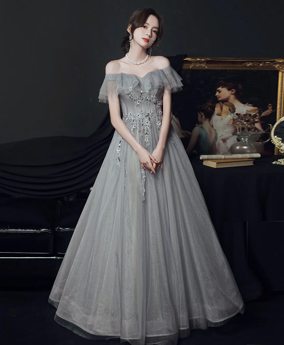 Gray Sweetheart Tulle Lace Long Prom Dress, Gray A line Formal Graduation Dress - Deanwangkt