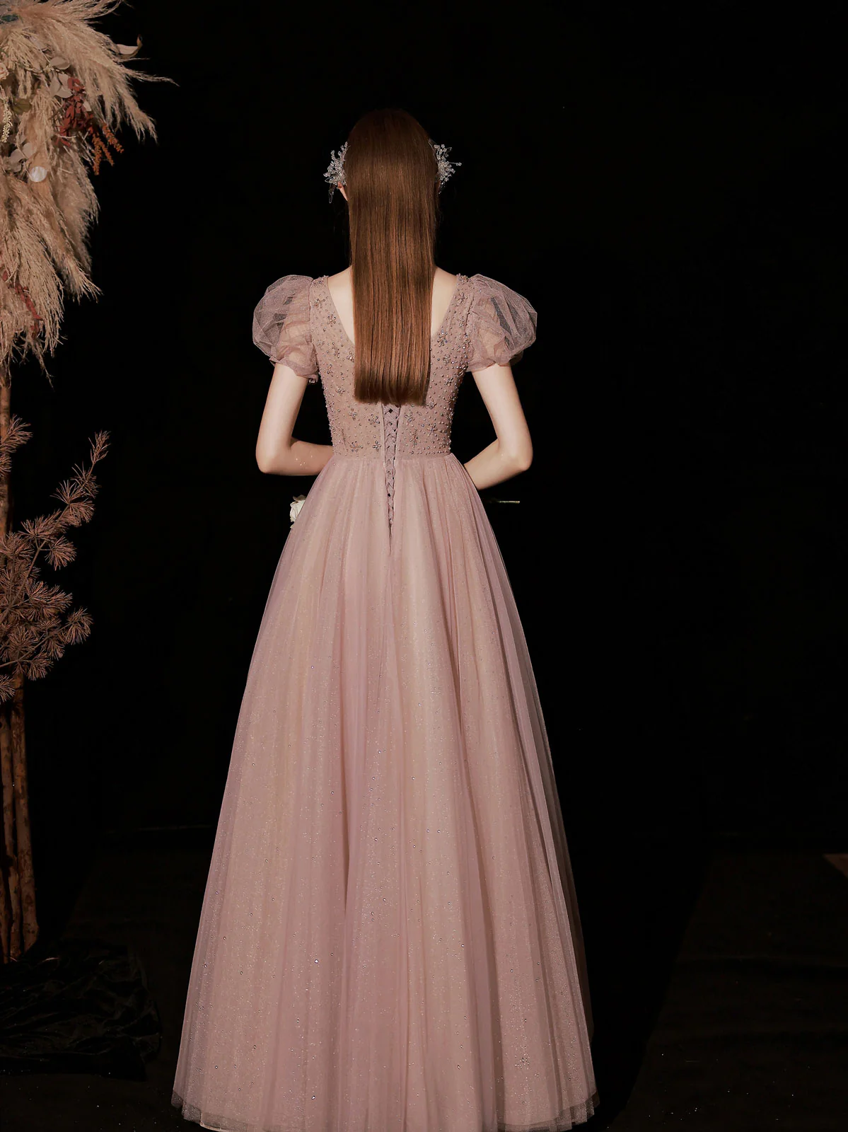 Pink A line Tulle Lace Long Prom Dress, Pink Tulle Formal Dresses - Deanwangkt