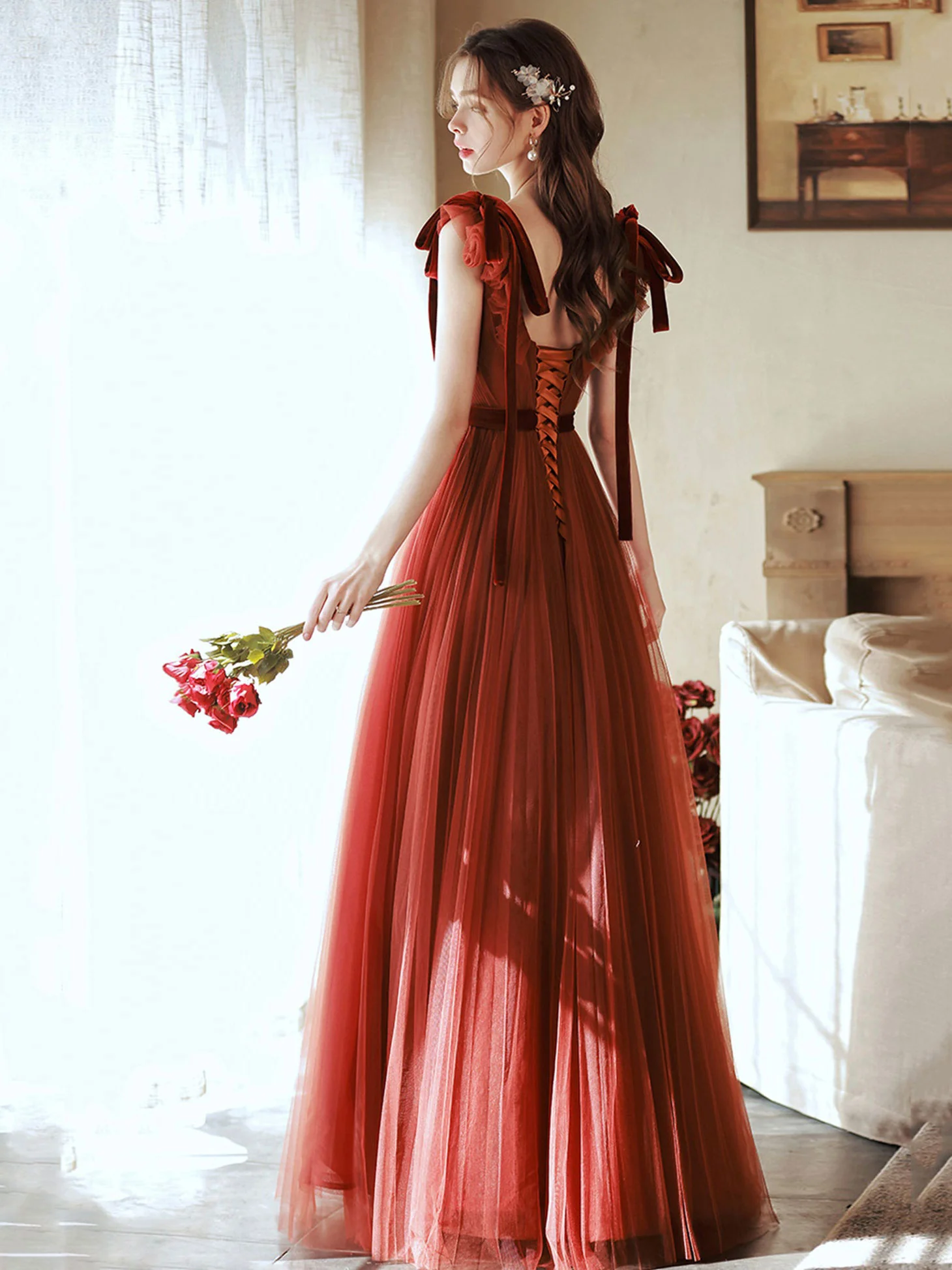 Brick Red V Neck Tulle Long Prom Dresses, Brick Red Tulle Formal Graduation Dresses - Deanwangkt