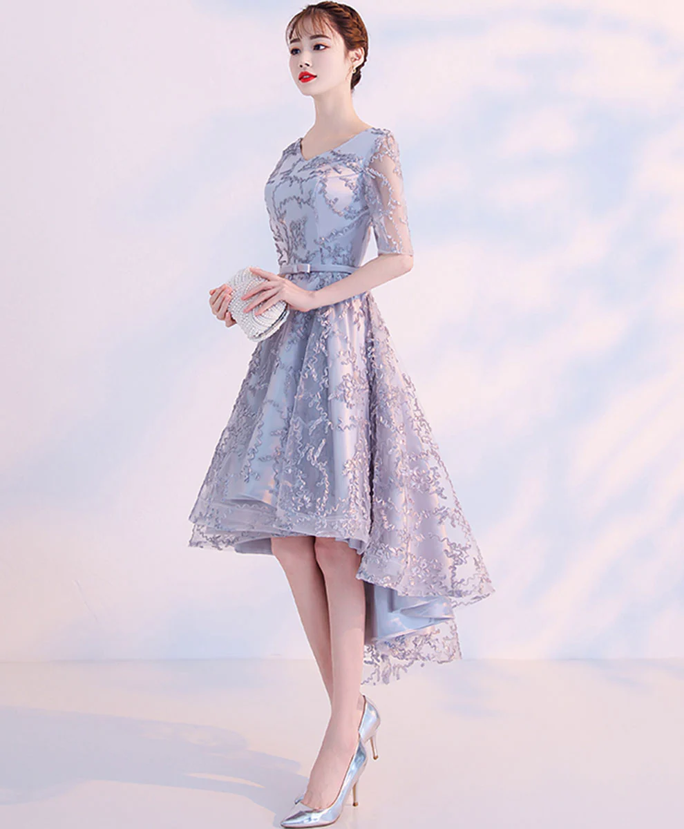 Gray Lace High Low Prom Dress Fray Lace Cocktail Dress, Gray Homecoming Dress - Deanwangkt