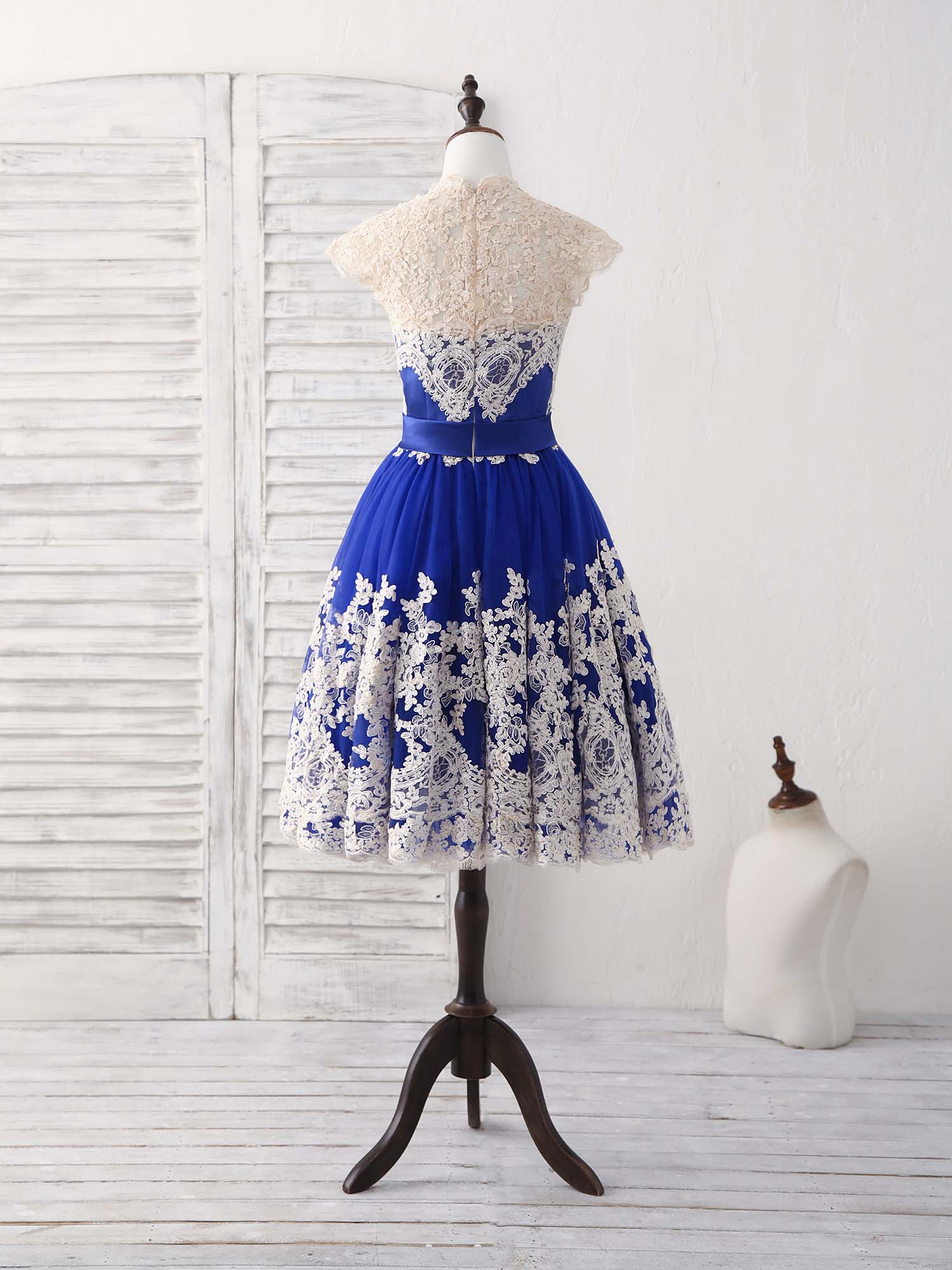 Unique Blue Tulle Lace Applique Short Prom Dress, Blue Bridesmaid Dress - Deanwangkt