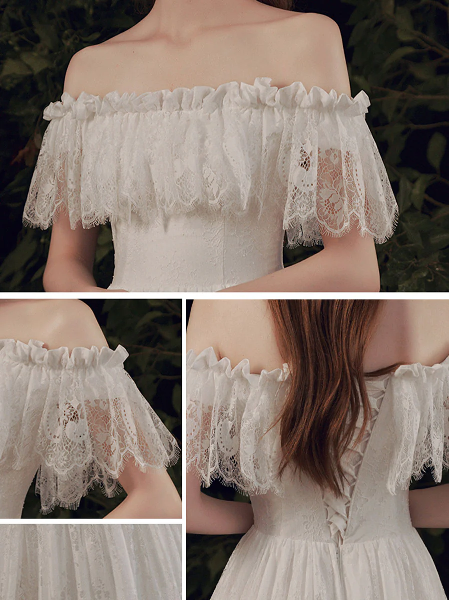 Simple ivory Lace Long Prom Dress, ivory Lace Bridesmaid Dresses - Deanwangkt