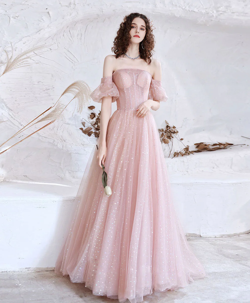 Pink Aline Tulle Long Prom Dress, Pink Formal Evening Party Dress - Deanwangkt