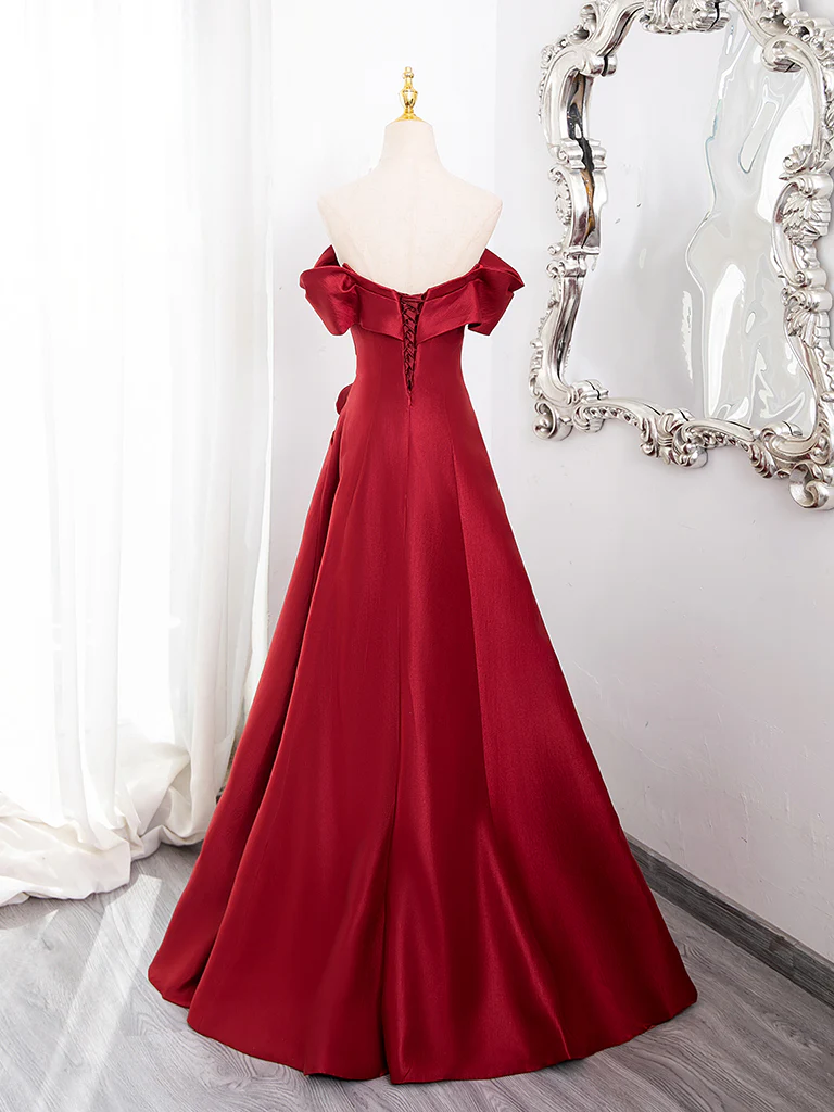 A-Line Off Shoulder Satin Burgundy Long Prom Dress, Burgundy Long Formal Dress - Deanwangkt
