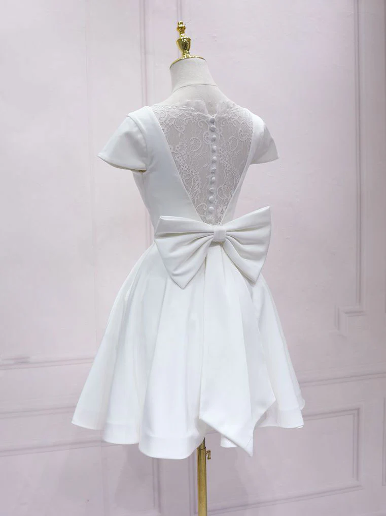 Simple White V Neck Lace Short Prom Dress, White Bridesmaid Dress - Deanwangkt