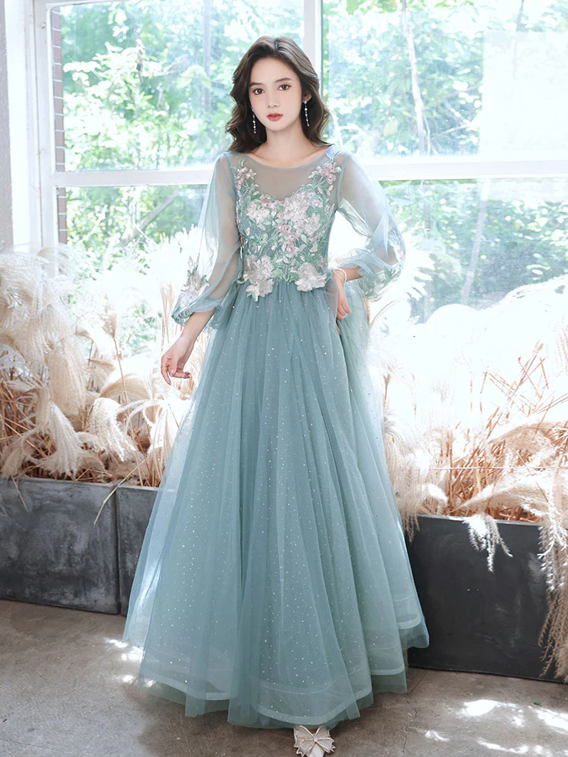 Green Round Neck Tulle Lace Long Prom Dress, Green Evening Dress - Deanwangkt