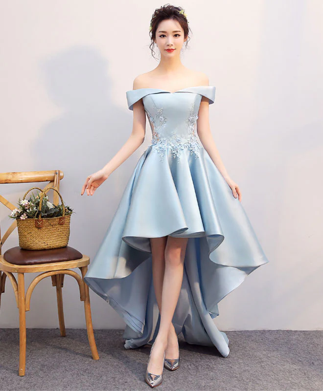 Light Blue High Low Lace Prom Dress, Blue Formal Bridesmaid Dress - Deanwangkt