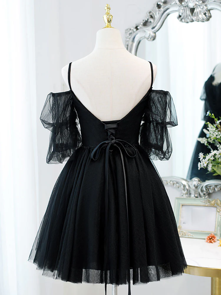 Black A line V Neck Lace Short/Mini Prom Dress, Black Puffy Homecoming Dresses - Deanwangkt