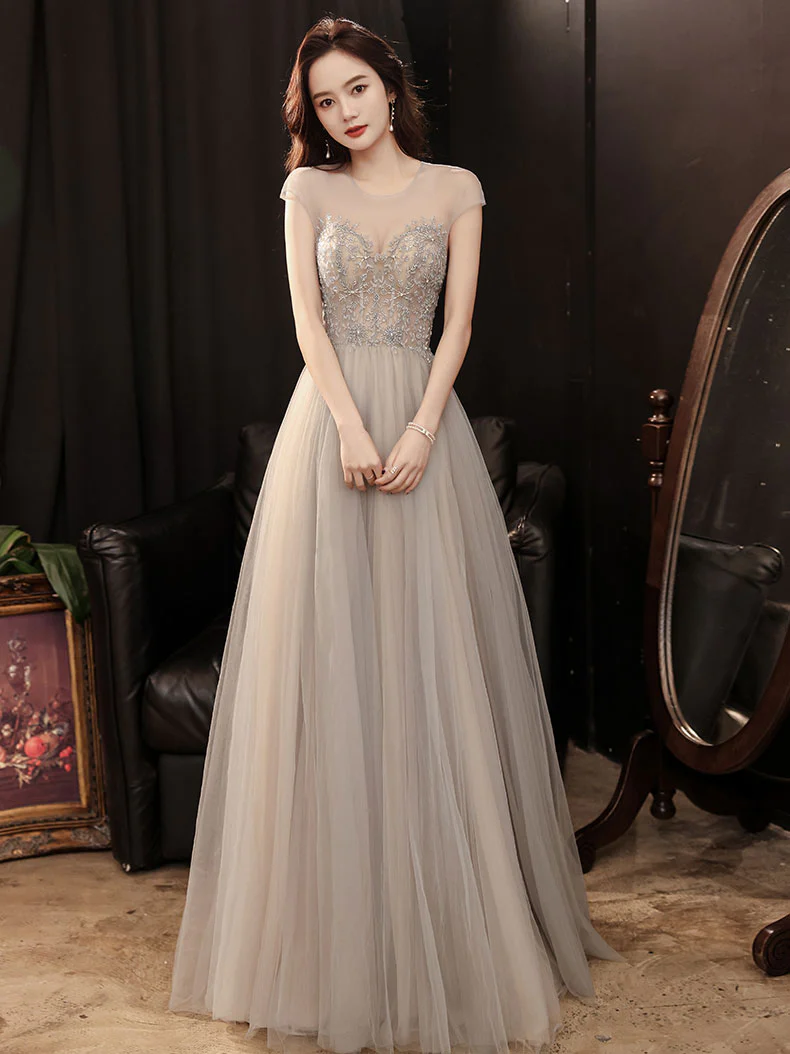 Champagne Round Neck Tulle Beads Long Prom Dress, Champagne Evening Dress - Deanwangkt