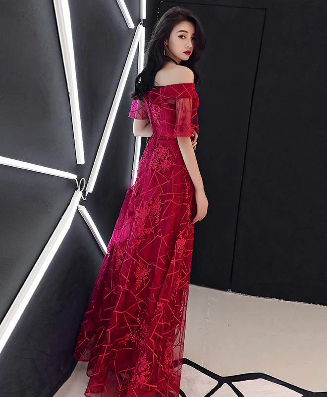 Burgundy Tulle Lace Long Prom Dress Burgundy Lace Formal Dress - Deanwangkt