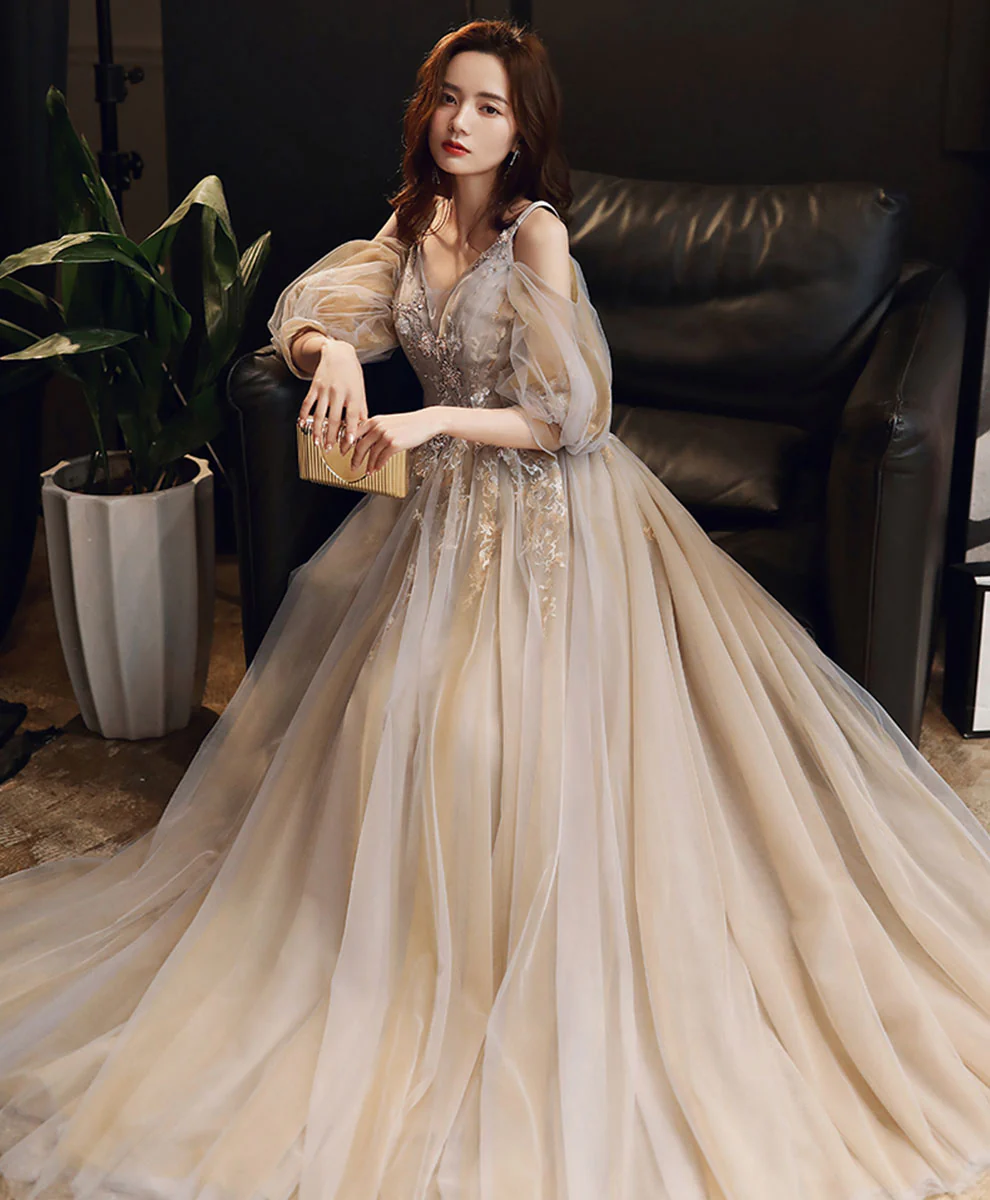 Champagne v neck tulle lace long prom dress champagne formal dress - Deanwangkt