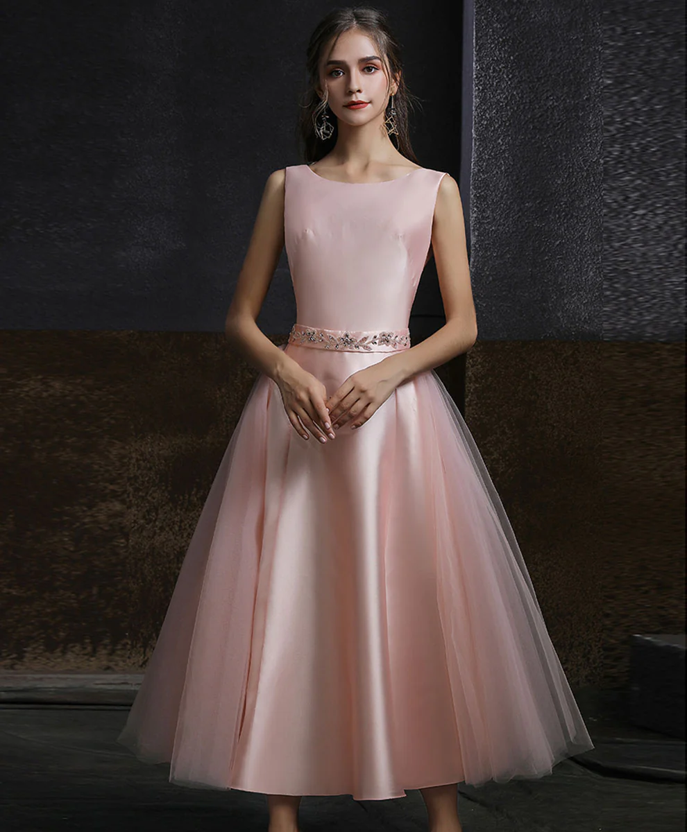 Aline Round Neck Tulle Short Pink Prom Dress, Aline Pink Tulle Bridesmaid Dress - Deanwangkt
