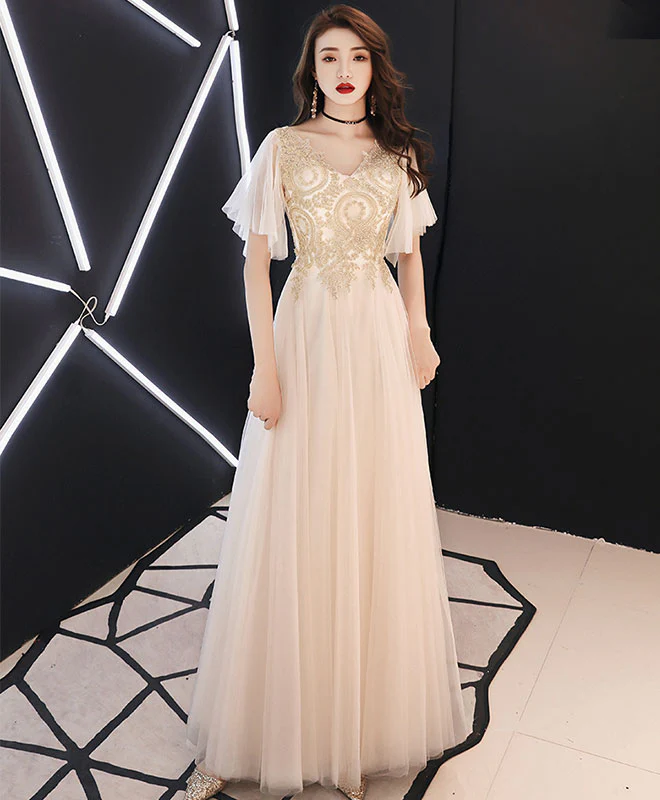 Champagne V Neck Tulle Lace Long Prom Dress Champagne Evening Dress - Deanwangkt