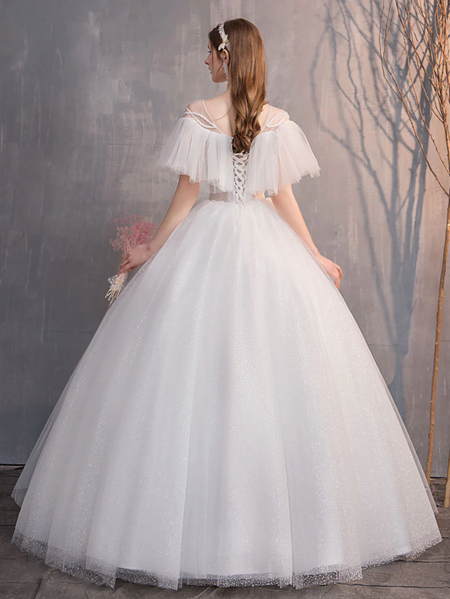 White Round Neck Tulle Long Wedding Dress, White Tulle Long Bridal Dress - Deanwangkt