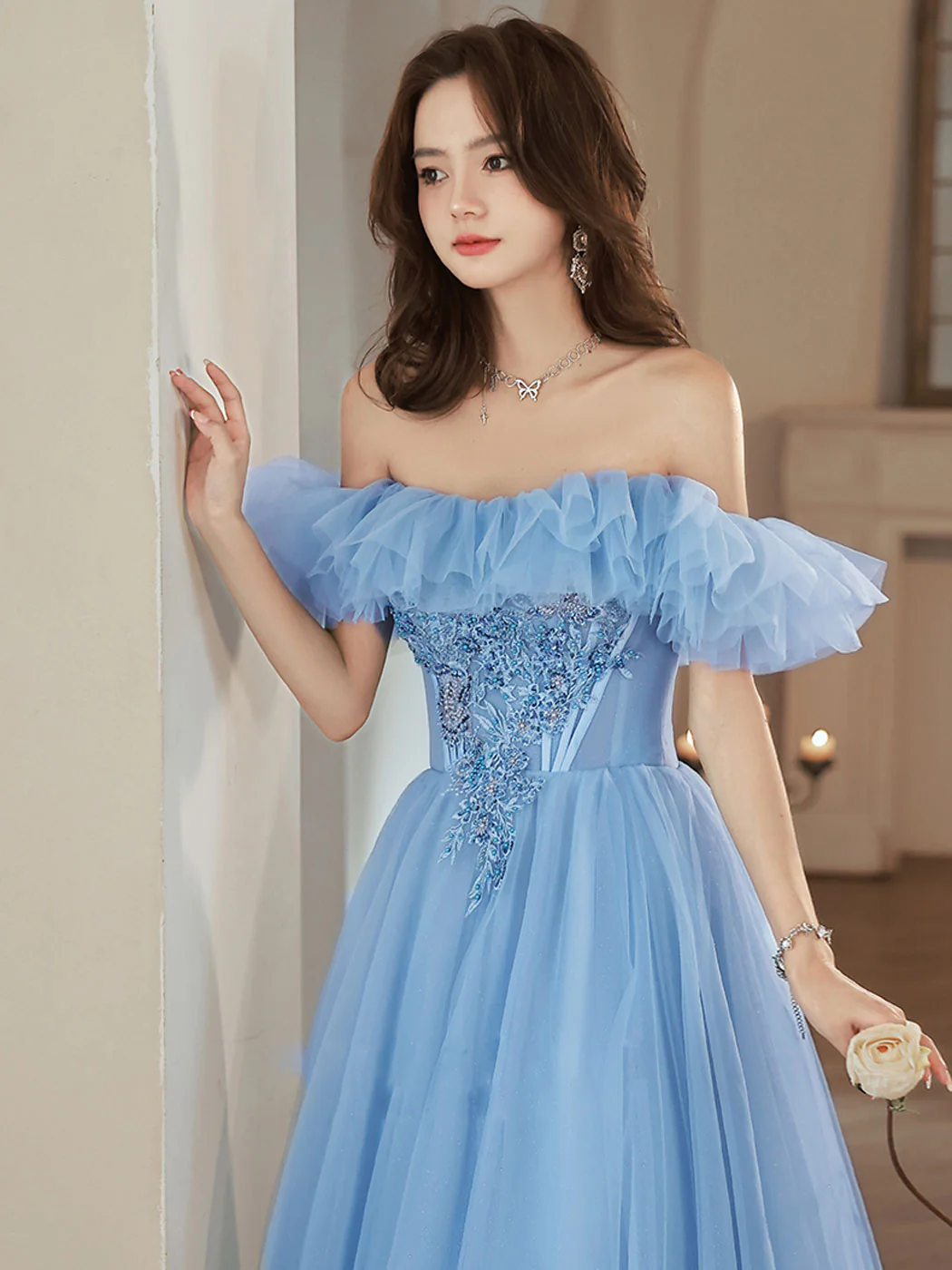 A-Line Tulle Lace Blue Long Prom Dress, Blue Formal Dresses - Deanwangkt