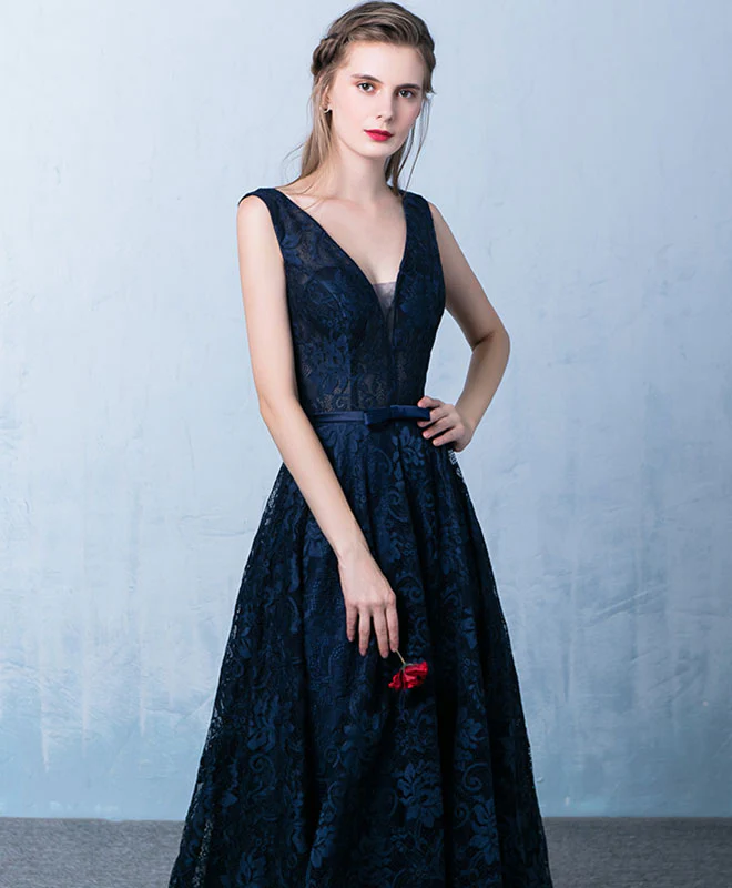 Elegant Dark Blue V Neck Long Prom Dress, Lace Evening Dress - Deanwangkt