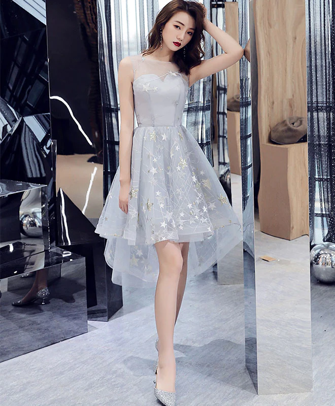 Gray Tulle High Low Prom Dress, Gray Tulle Evening Dress - Deanwangkt