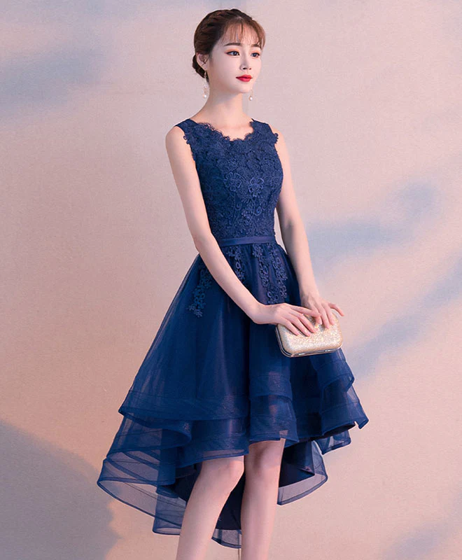 Dark Blue Tulle Lace Short Prom Dress, Blue Tulle Lace Bridesmaid Dress - Deanwangkt