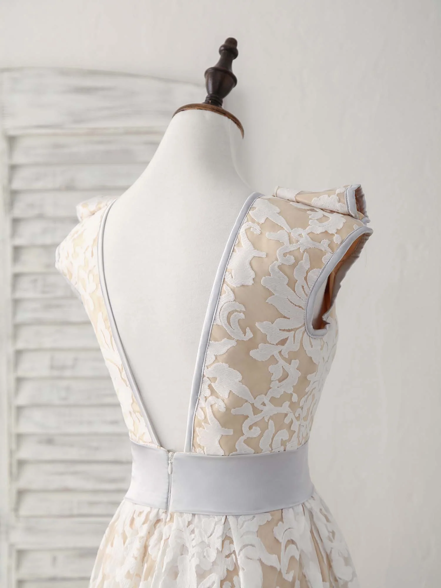 White Round Neck Lace High Low Prom Dress White Bridesmaid Dress - Deanwangkt