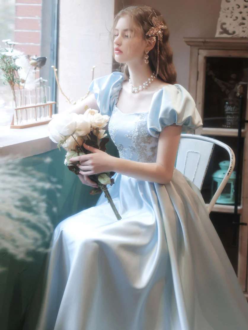 Light Blue Satin Lace Long Prom Dress Blue Lace Formal Dress - Deanwangkt