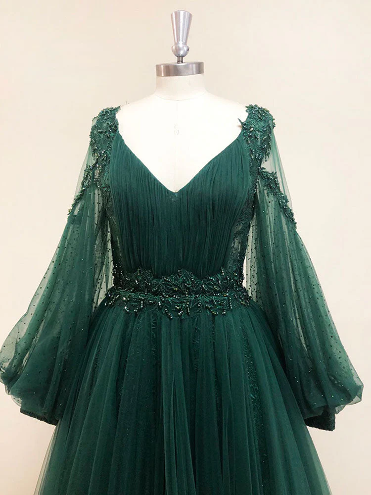 A-Line V Neck Tulle Lace Green Long Prom Dress, Green Formal Evening Dresses - Deanwangkt