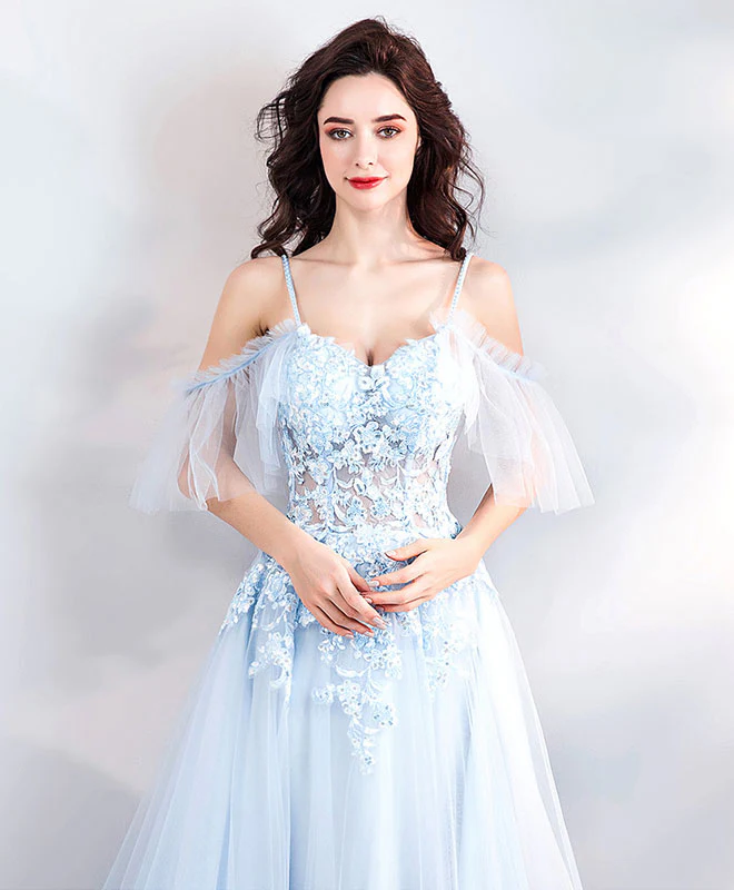 Light Blue Lace Tulle Long Prom Dress, Evening Dress - Deanwangkt