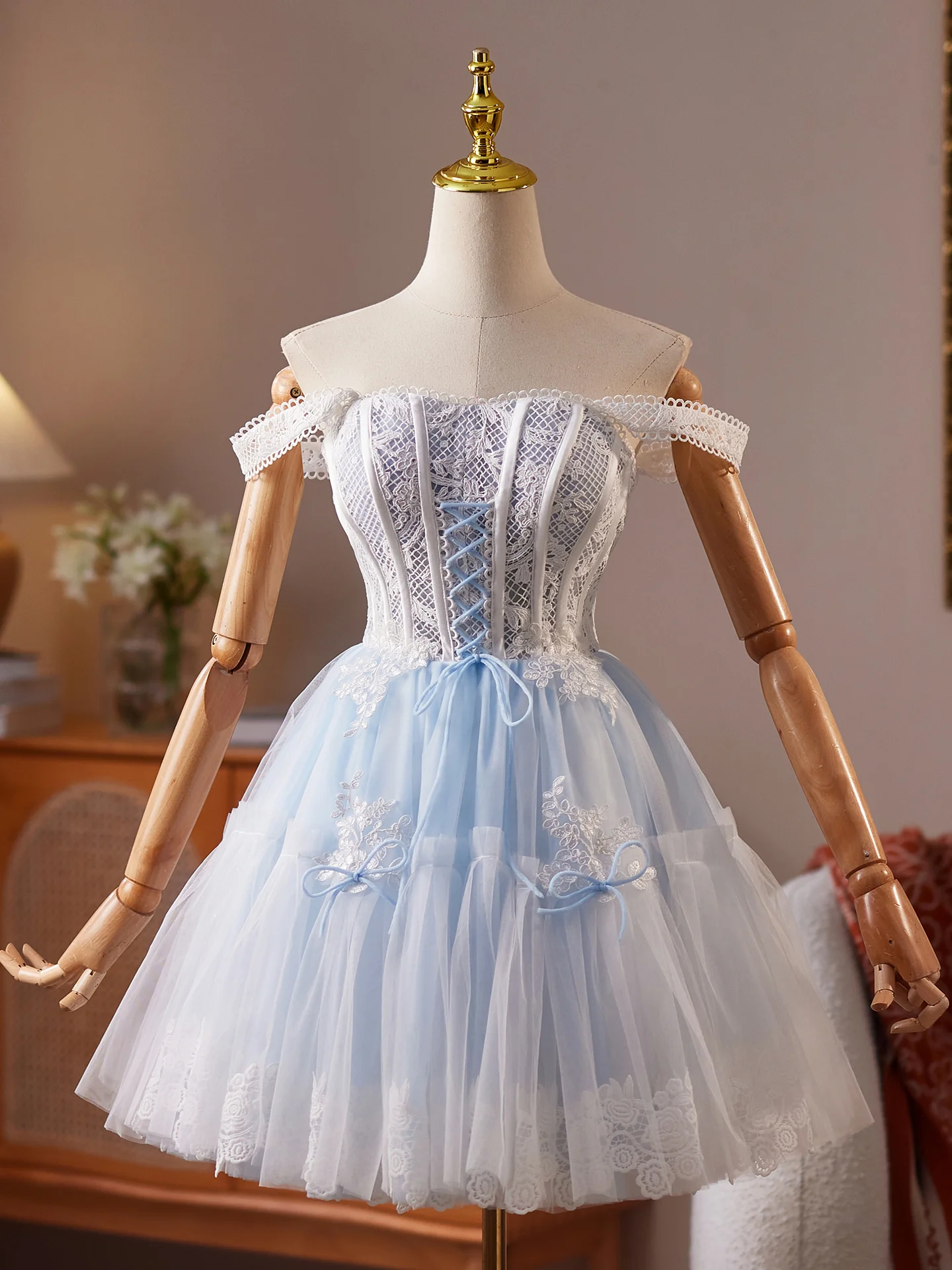 A-Line Tulle Lace Blue Short Prom Dress, Blue Homecoming Dress - Deanwangkt