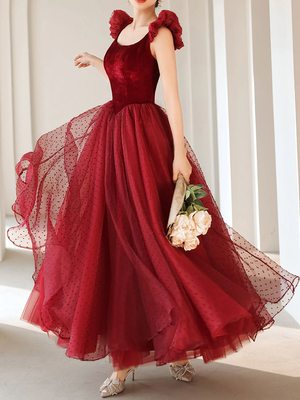 Burgundy Aline Tea Length Prom Dresses, Burgundy Formal Dress With Velvet - Deanwangkt