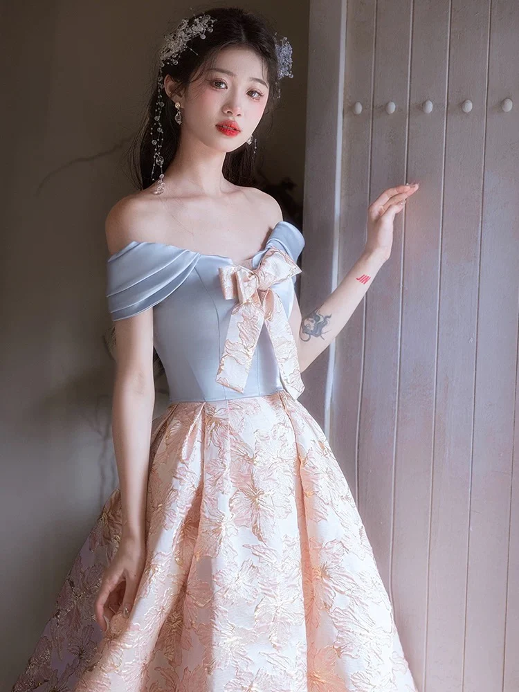 A-Line Off Shoulder Satin Pink Long Prom Dress, Pink Long Evening Dress - Deanwangkt