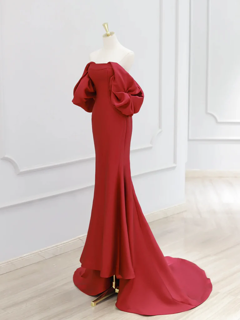 Simple Off Shoulder Satin Red Mermaid Long Prom Dress, Red Long Formal Dress - Deanwangkt