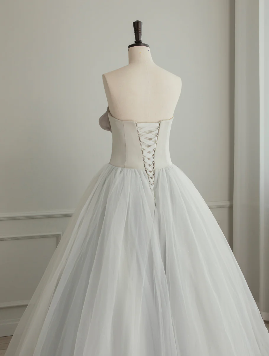 A-Line Tulle White Long Prom Dress, White Formal Party Dress - Deanwangkt